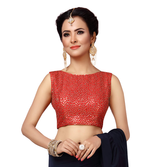 Women's Embroidered Stitched Sleeveless Saree Blouse (2152 - Red)