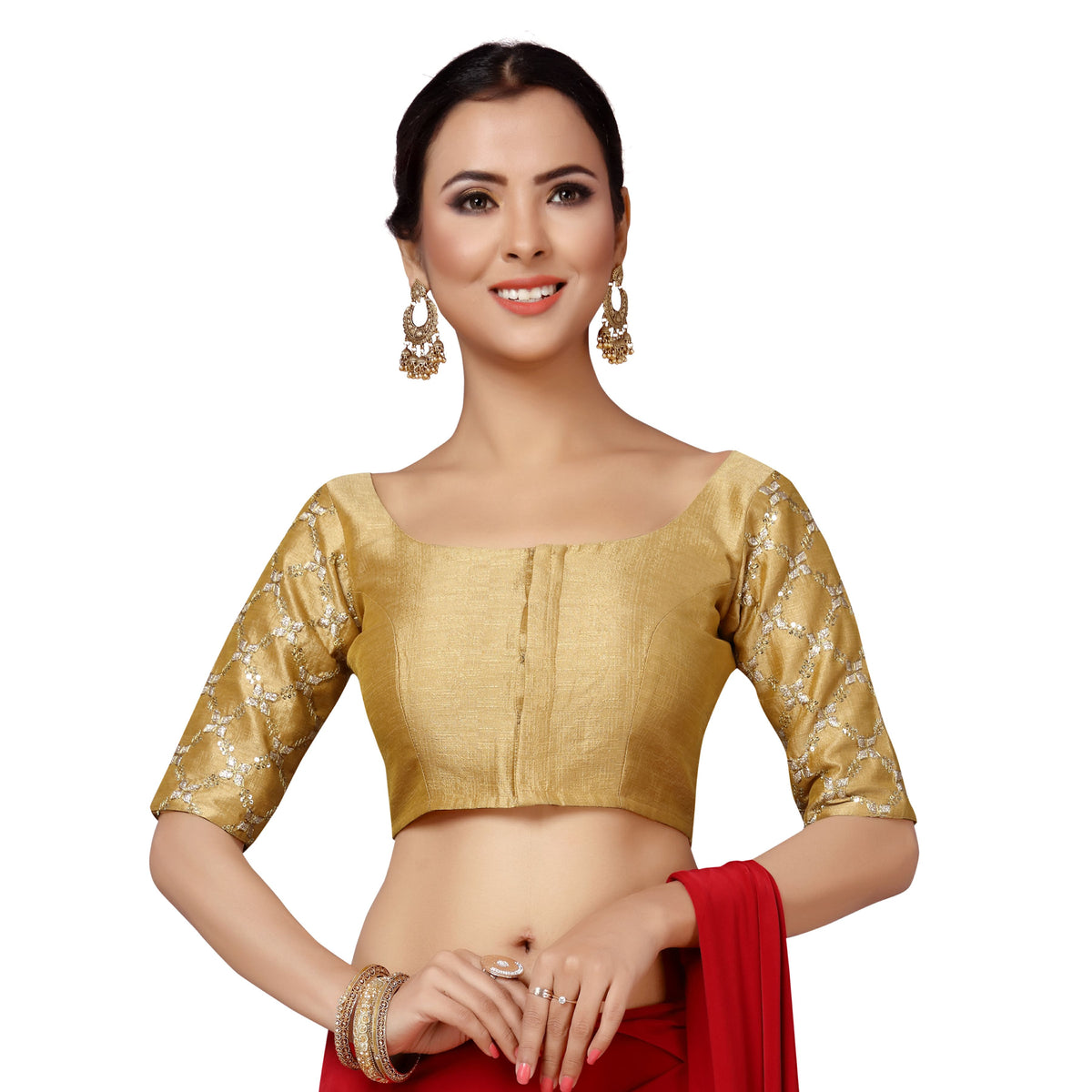 Women's Fusion Design Saree Blouse with Embroidered Sleeves (2160 - Gold)