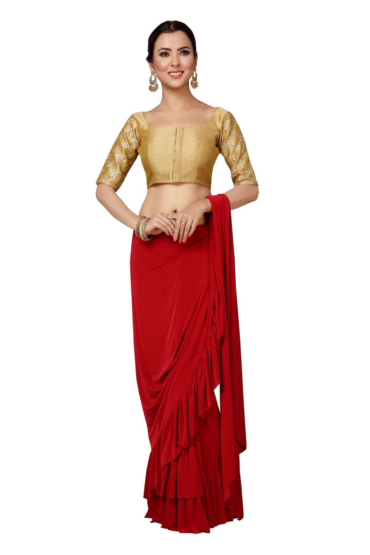 Women's Fusion Design Saree Blouse with Embroidered Sleeves (2160 - Gold)