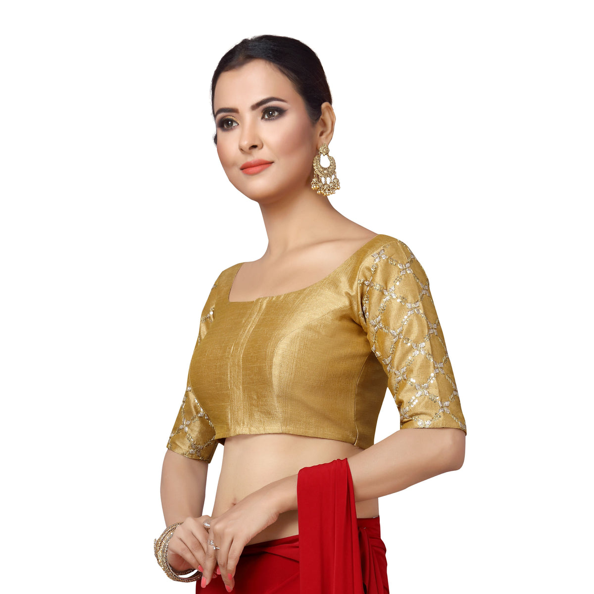 Women's Fusion Design Saree Blouse with Embroidered Sleeves (2160 - Gold)