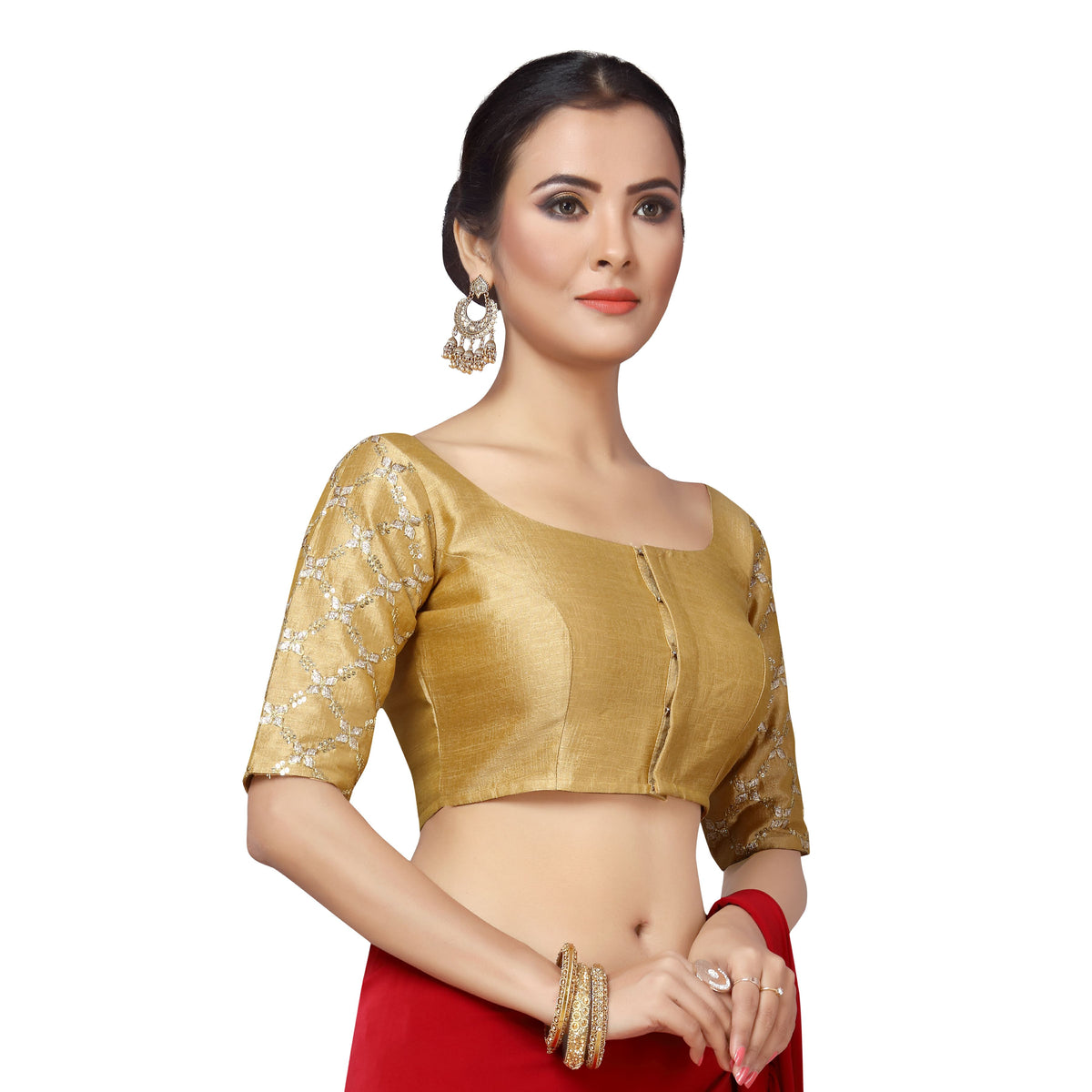 Women's Fusion Design Saree Blouse with Embroidered Sleeves (2160 - Gold)