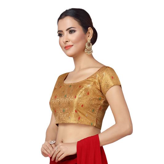 Women's Brocade Short Sleeves Bangalore Saree Blouse. (2172 - Gold)