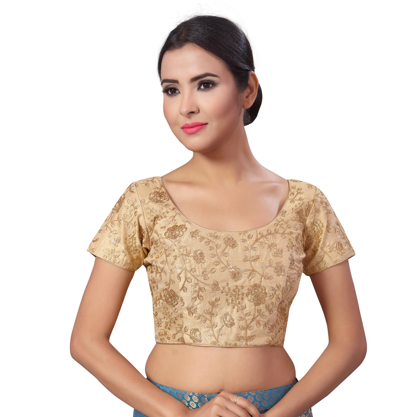 Women's Polyester Embroidered Short Sleeve Blouse (2183 - Gold)