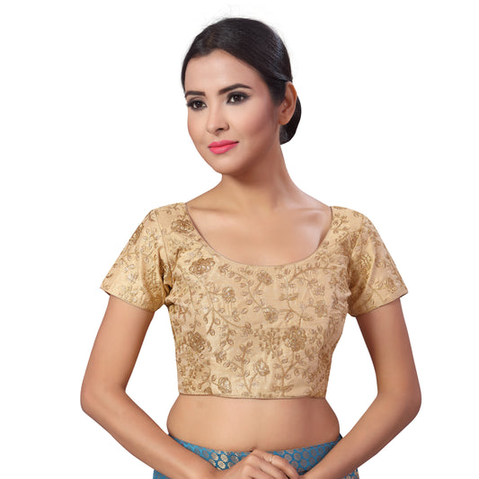 Women's Polyester Embroidered Short Sleeve Blouse (2183 - Gold)