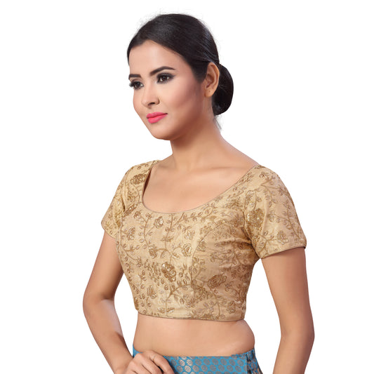 Women's Polyester Embroidered Short Sleeve Blouse (2183 - Gold)