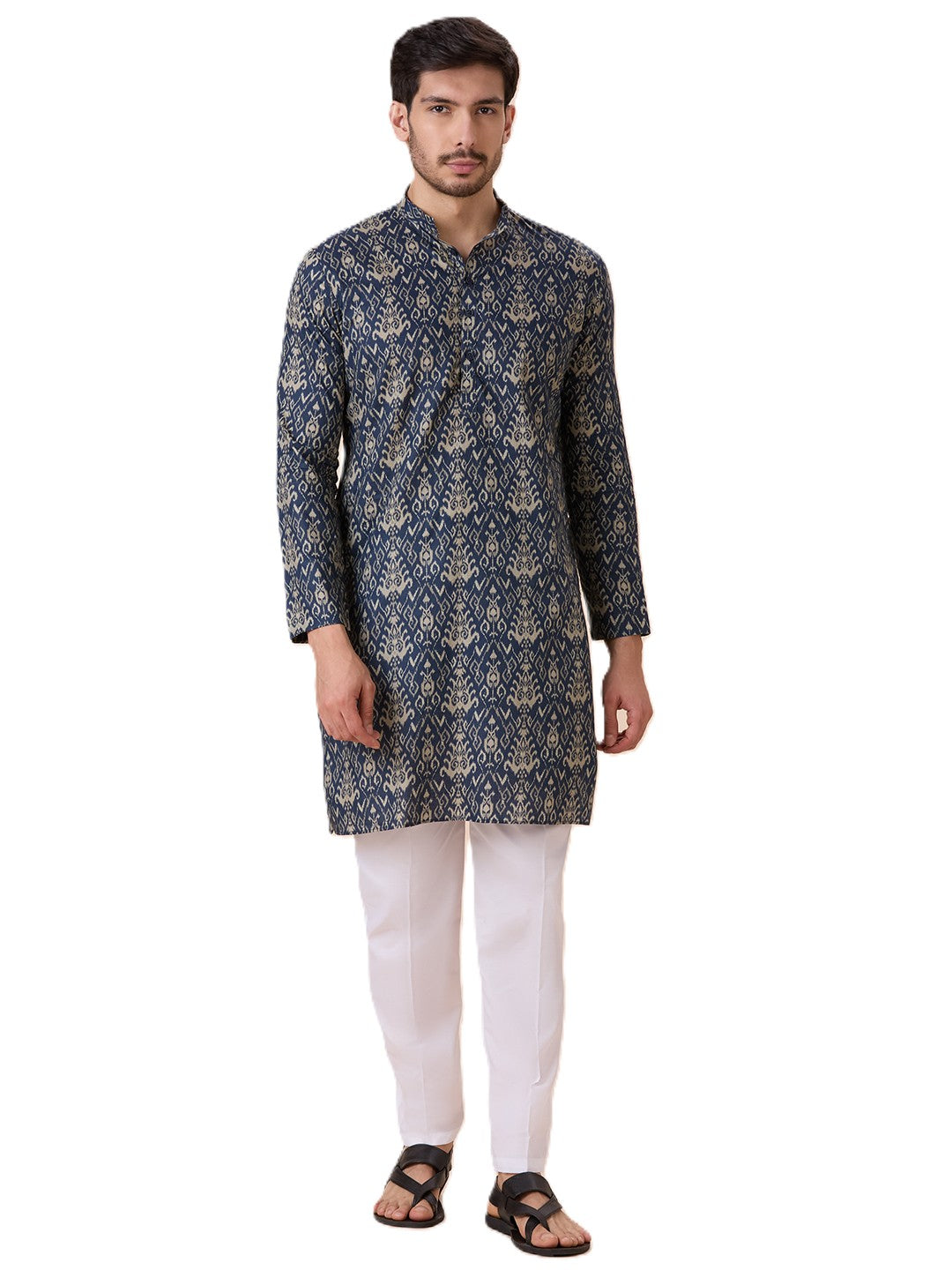 Men's Grey Cotton Ikat Printed Relaxed Fit Knee Length Kurta (Design 218)