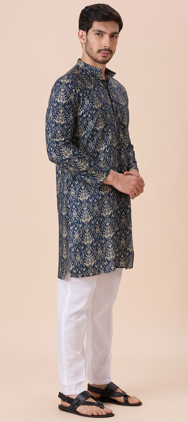 Men's Grey Cotton Ikat Printed Relaxed Fit Knee Length Kurta (Design 218)