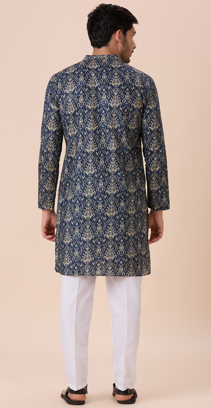 Men's Grey Cotton Ikat Printed Relaxed Fit Knee Length Kurta (Design 218)
