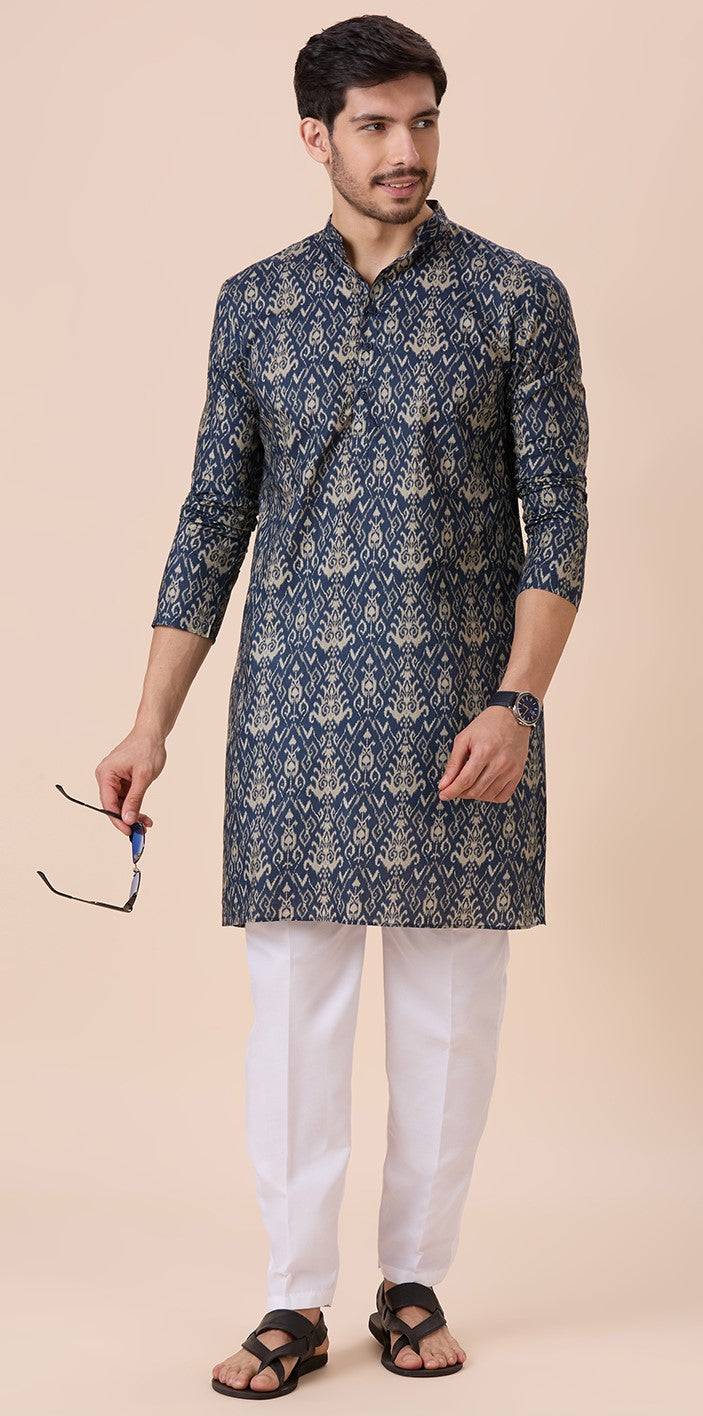 Men's Grey Cotton Ikat Printed Relaxed Fit Knee Length Kurta (Design 218)