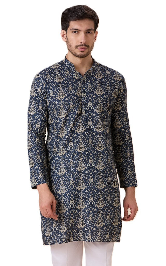 Men's Grey Cotton Ikat Printed Relaxed Fit Knee Length Kurta (Design 218)