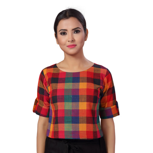Women's Cotton Printed Elbow Length Sleeves Crop Top Saree Blouse (2194 - Multi Colour)