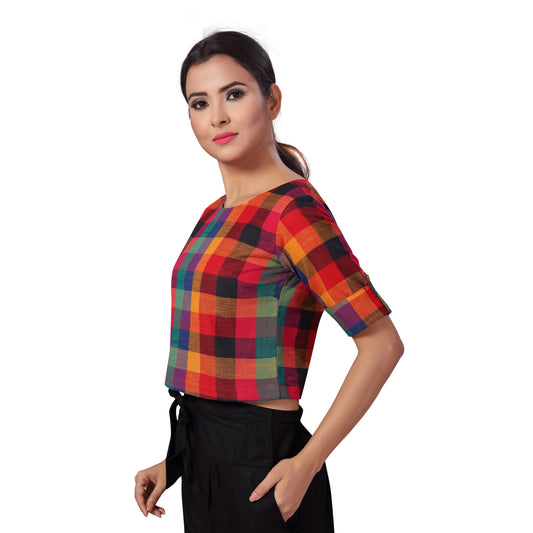 Women's Cotton Printed Elbow Length Sleeves Crop Top Saree Blouse (2194 - Multi Colour)