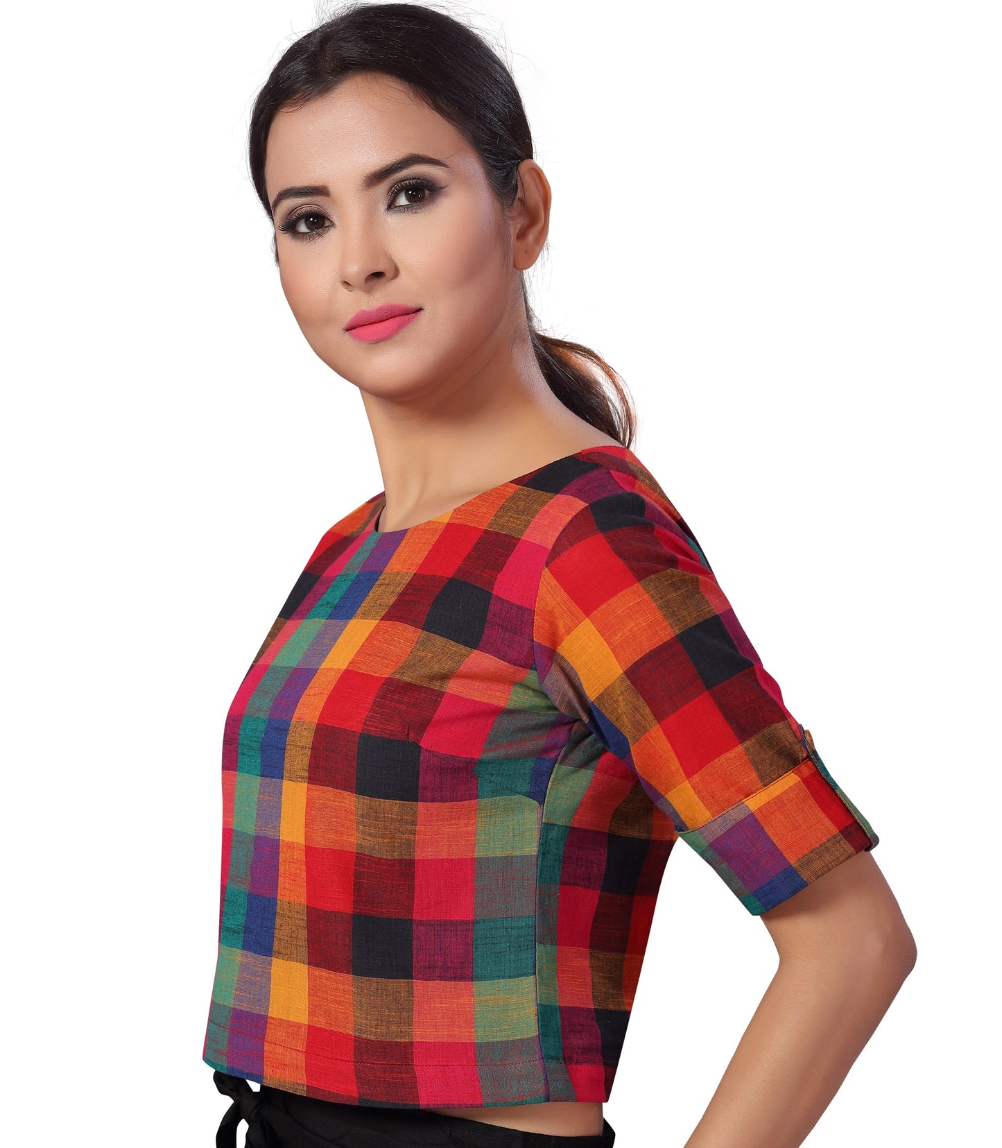 Women's Cotton Printed Elbow Length Sleeves Crop Top Saree Blouse (2194 - Multi Colour)