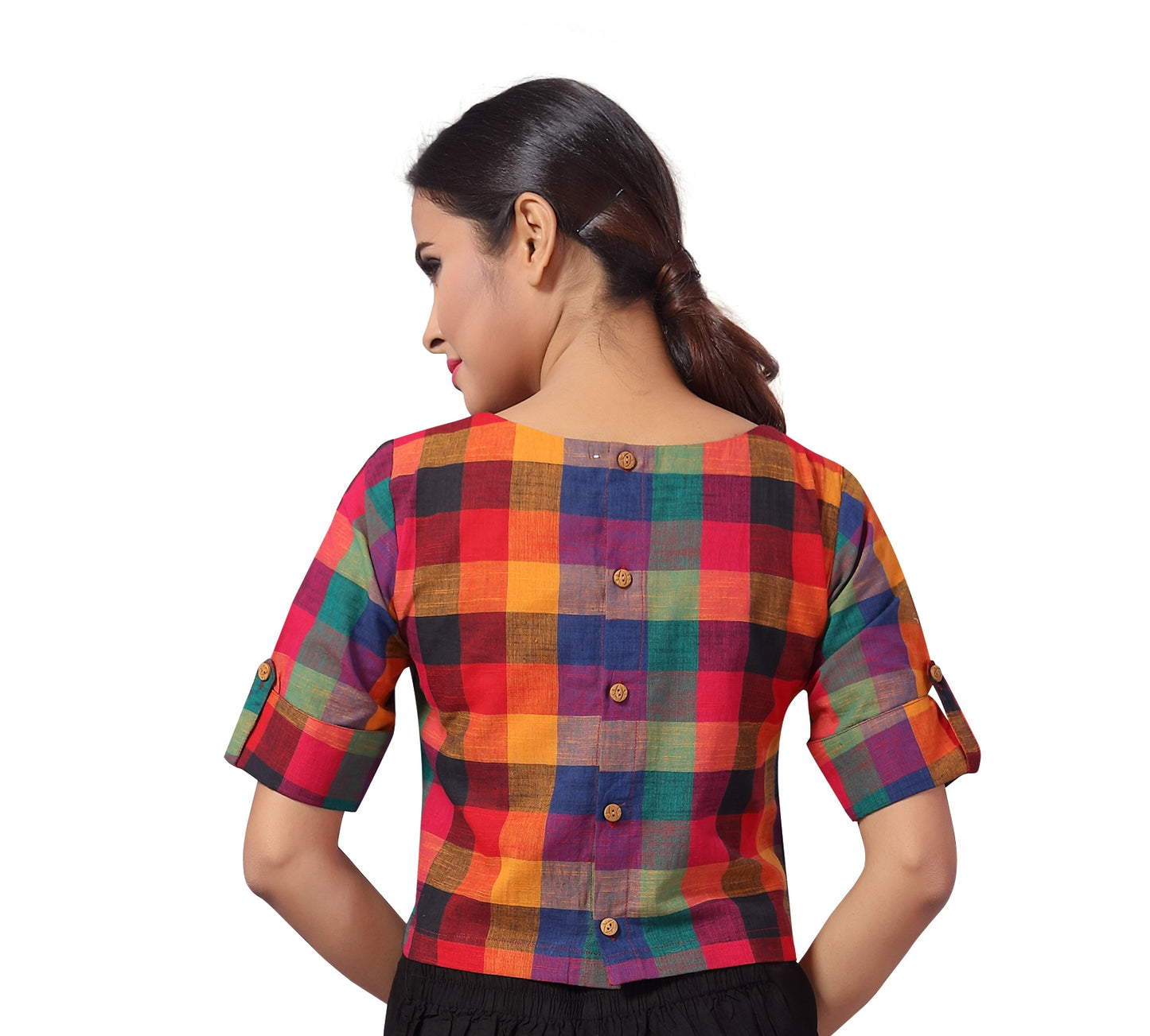 Women's Cotton Printed Elbow Length Sleeves Crop Top Saree Blouse (2194 - Multi Colour)