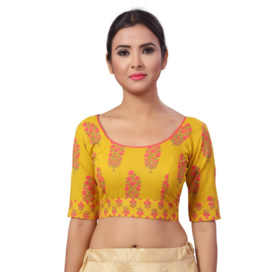 Women's Plus Size Jaipuri Block Printed Pure Cotton Saree Blouse with Elbow Length Sleeves Saree Blouse (2205 - Yellow)