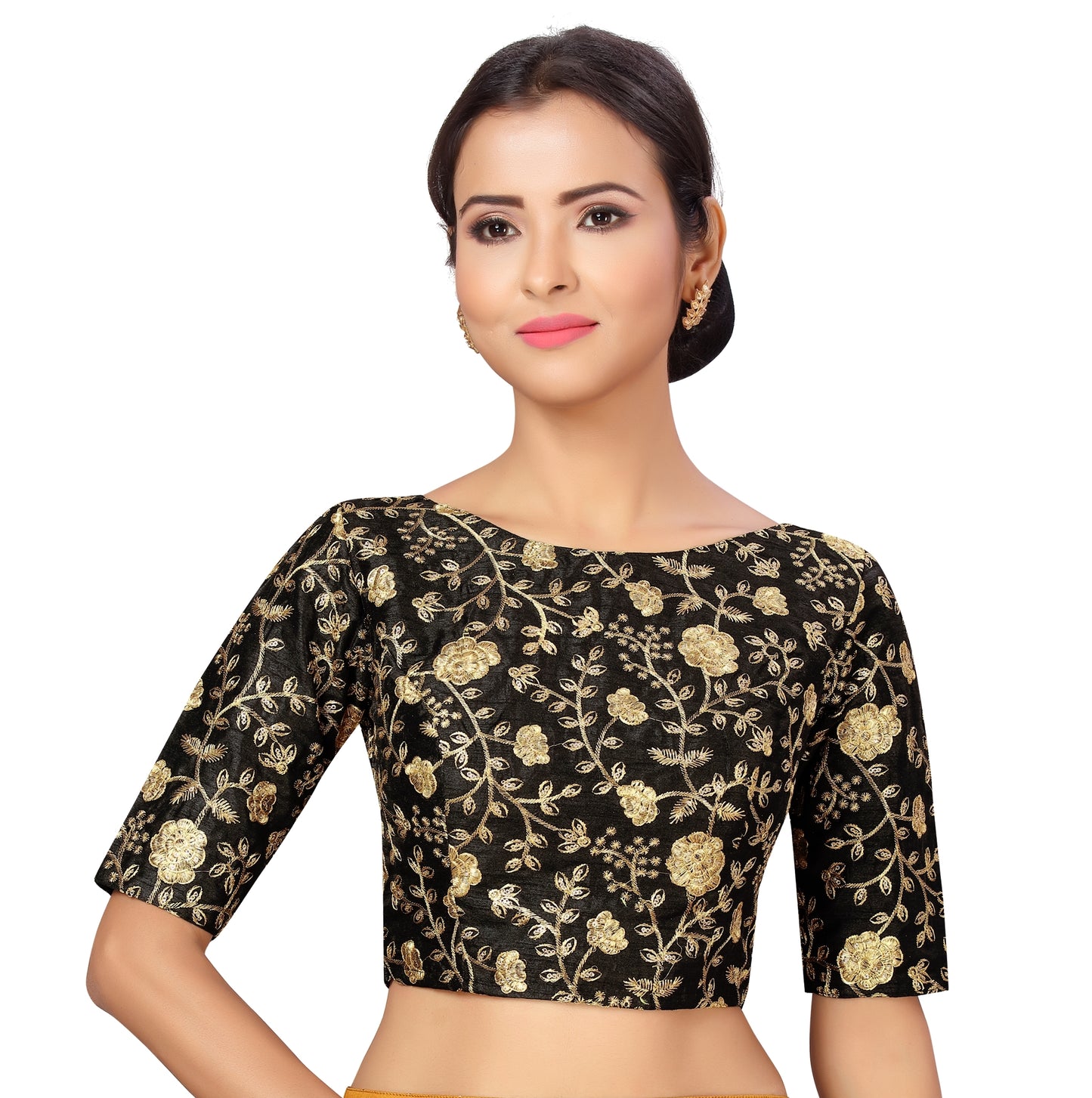 Women's Black Polyester Blouse with Golden Zari Work (Design 2285)