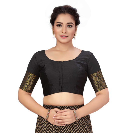 Women's Black Brocade Polyester Blouse with Golden Kanjivaram Border (Design 2333)