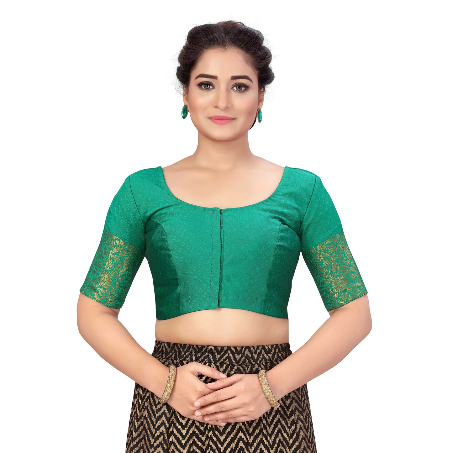 Women's Green Brocade Polyester Blouse with Golden Kanjivaram Border (Design 2333)