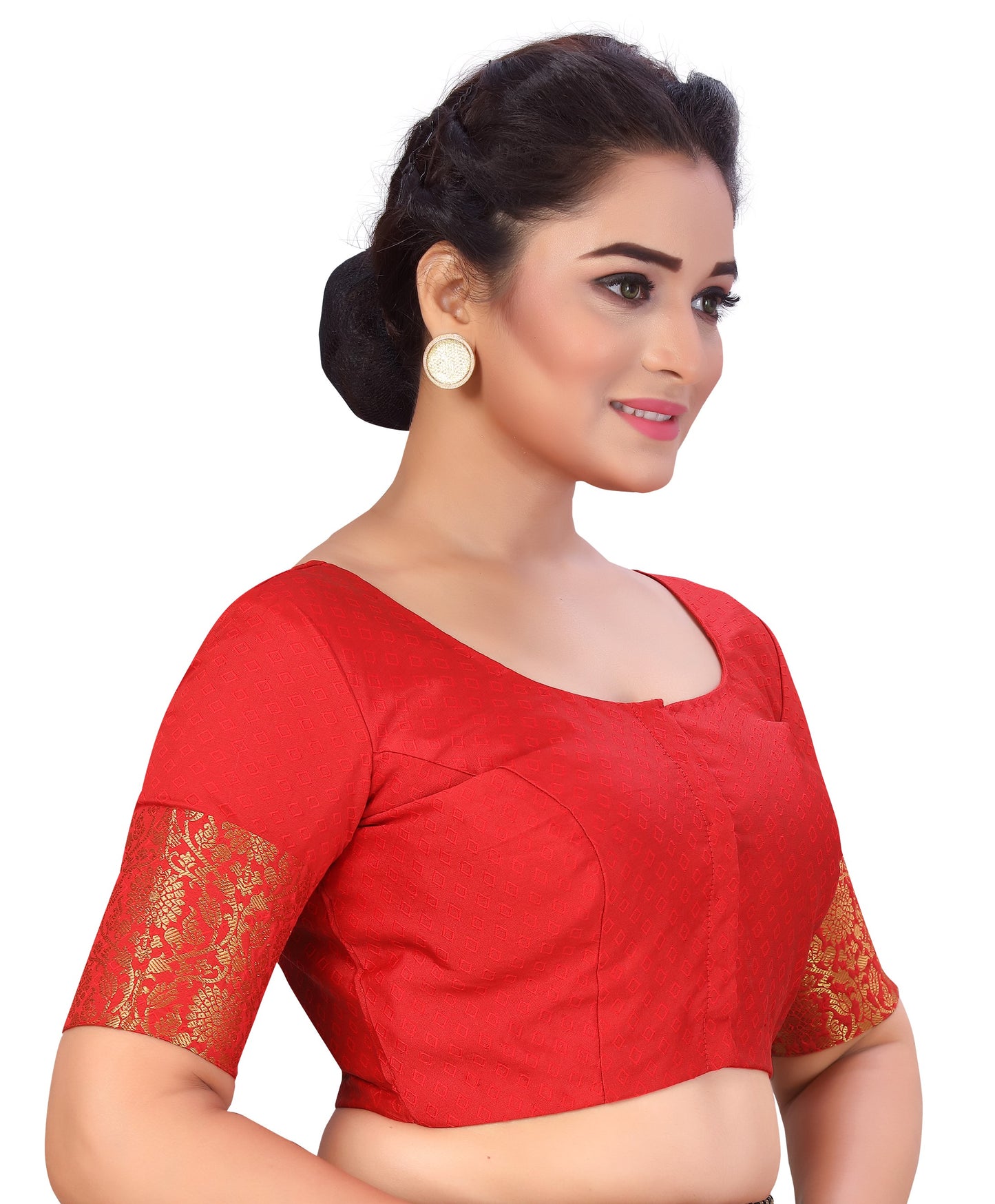 Women's Red Brocade Polyester Blouse with Golden Kanjivaram Border (Design 2333)