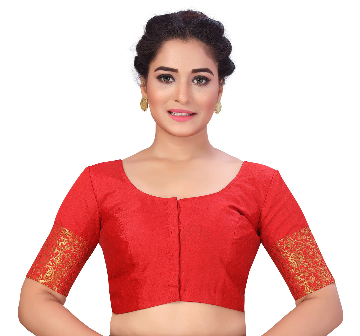 Women's Red Brocade Polyester Blouse with Golden Kanjivaram Border (Design 2333)