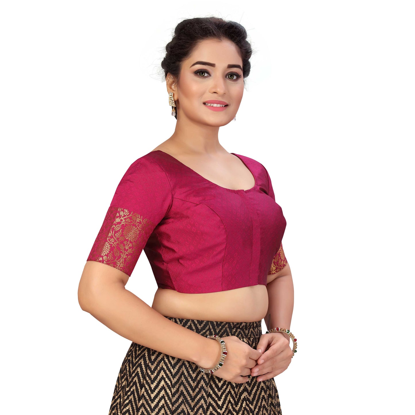 Women's Wine Brocade Polyester Blouse with Golden Kanjivaram Border (Design 2333)