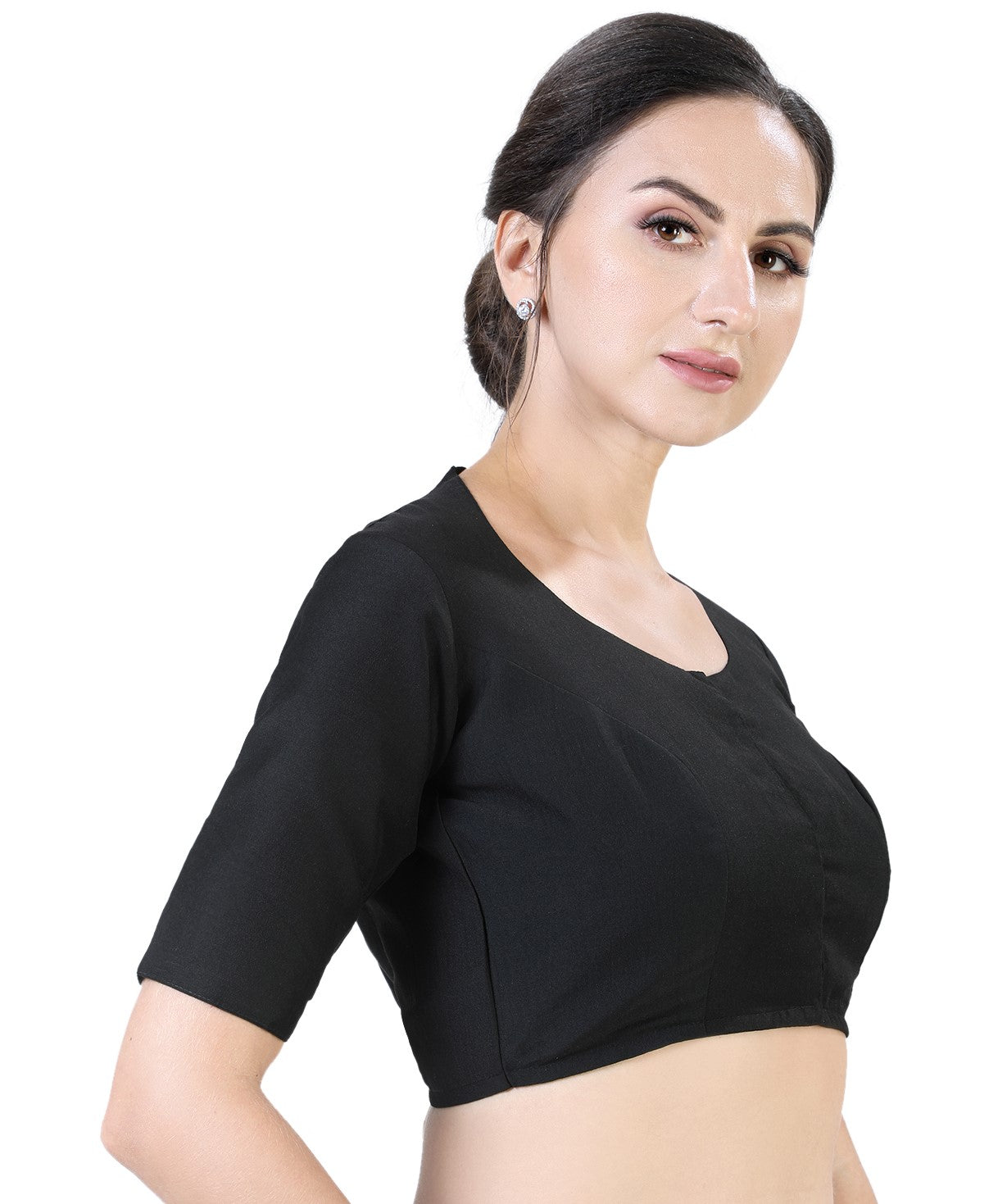 Women's Polyester Solid Short Sleeve Saree Blouse (2341 - Black)