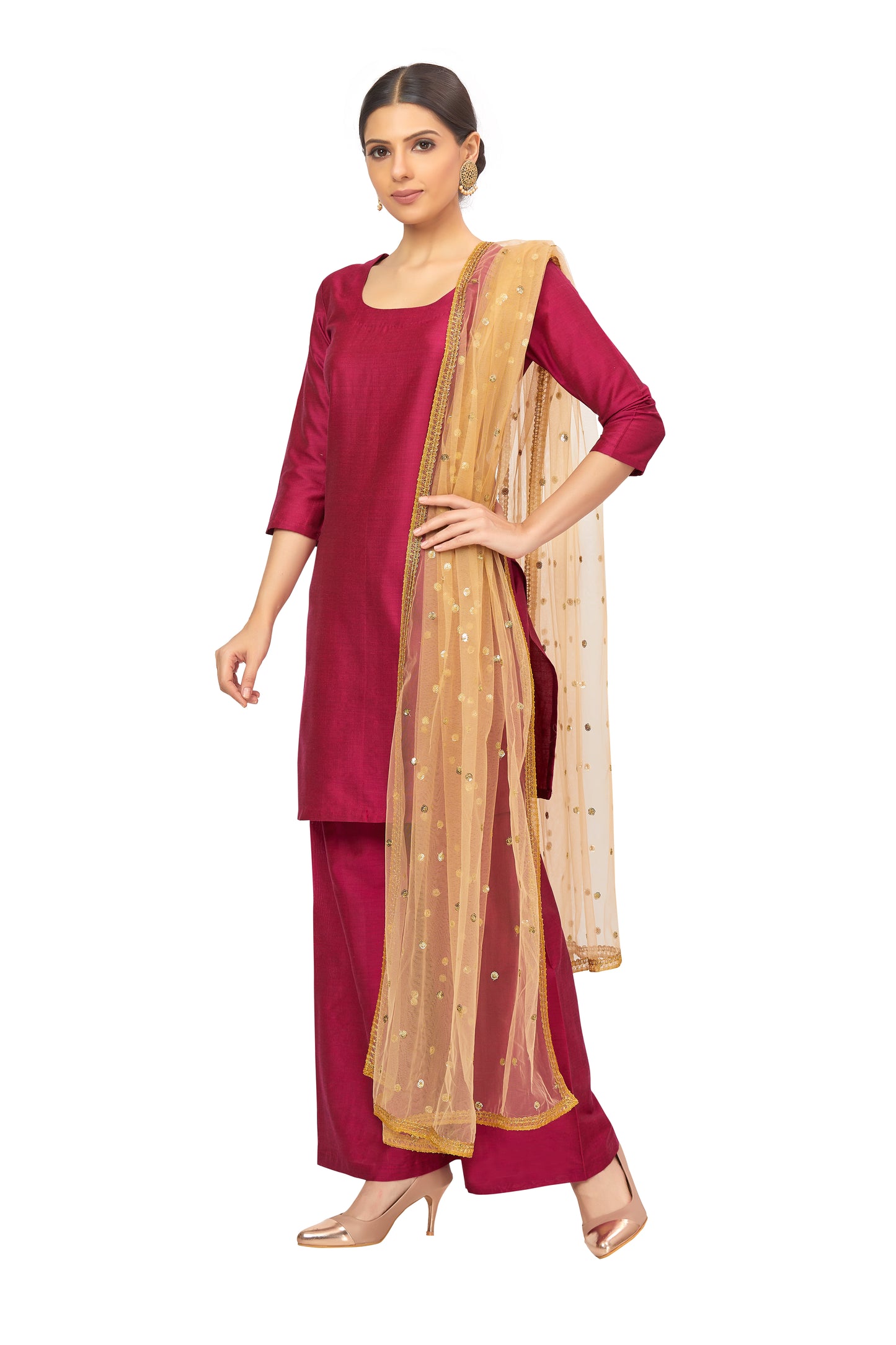 Women's Net Embroidered Full Size Dupatta (42" X 2.50 Meters) (2352 - Gold)