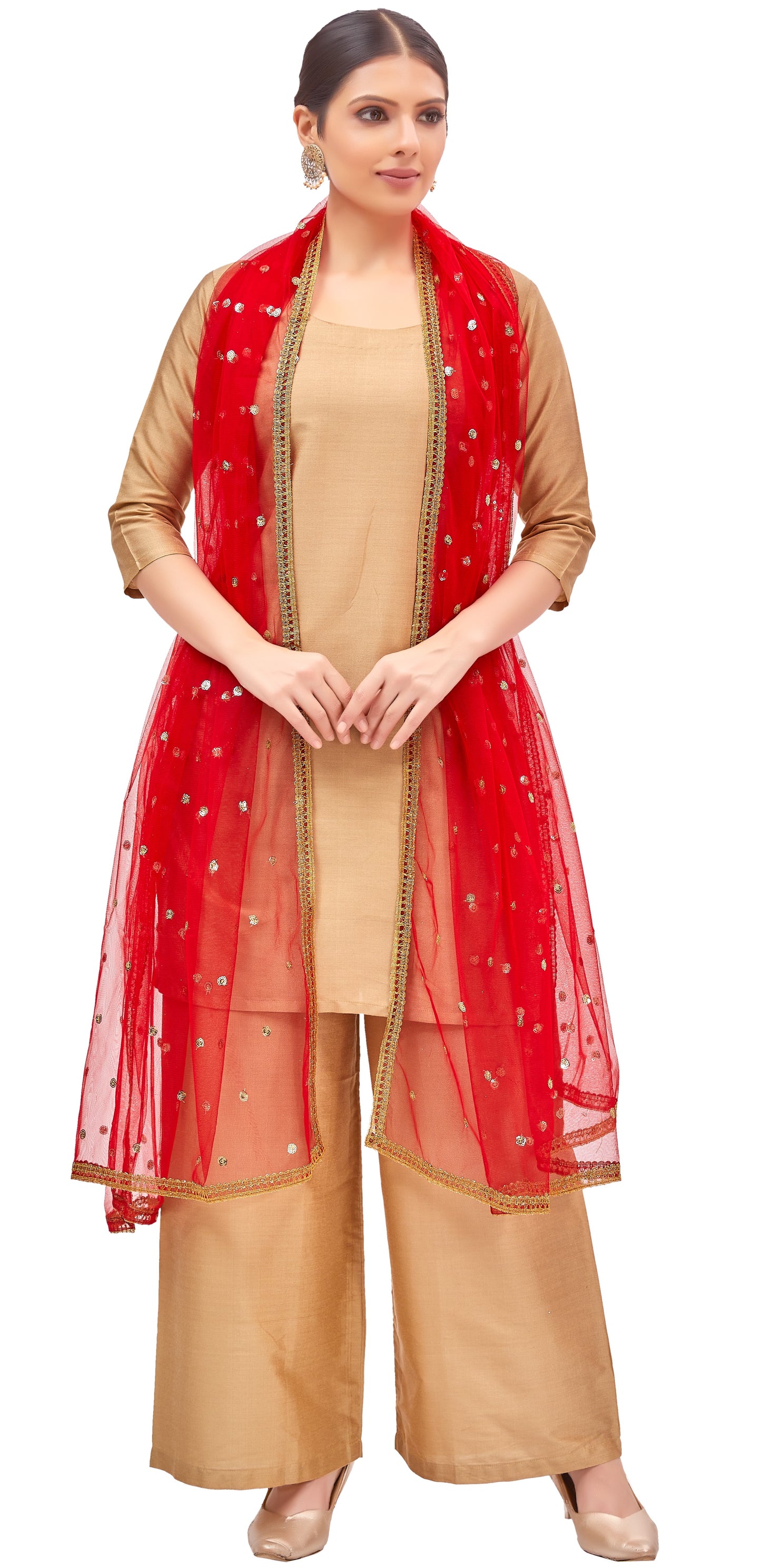 Women's Net Embroidered Full Size Dupatta (42" X 2.50 Meters) (2352 - Red)