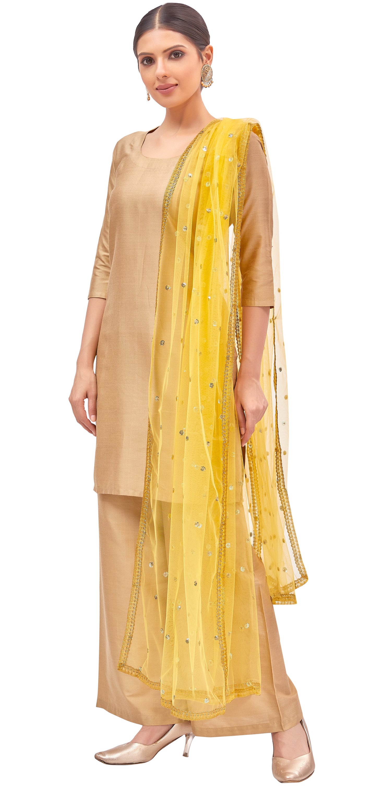 Women's Net Embroidered Full Size Dupatta (42" X 2.50 Meters) (2352 - Yellow)