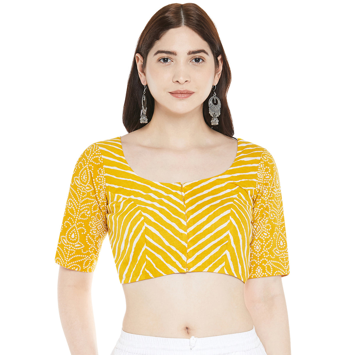 Women's Cotton Leheriya And Bandhani Printed Elbow Length Sleeves Saree Blouse (2361 - Yellow)