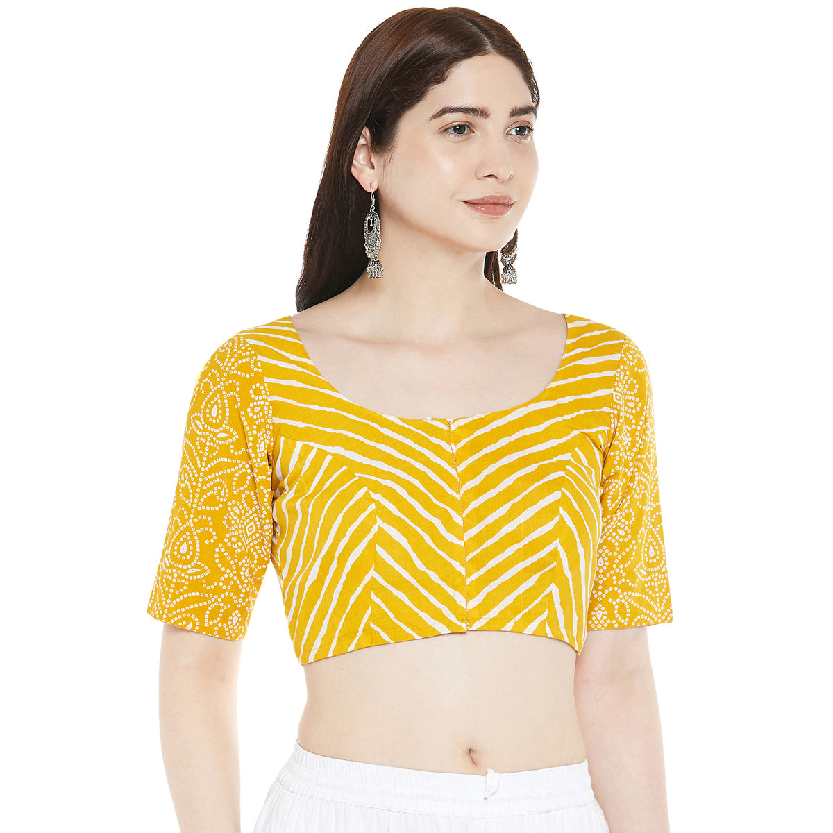 Women's Cotton Leheriya And Bandhani Printed Elbow Length Sleeves Saree Blouse (2361 - Yellow)