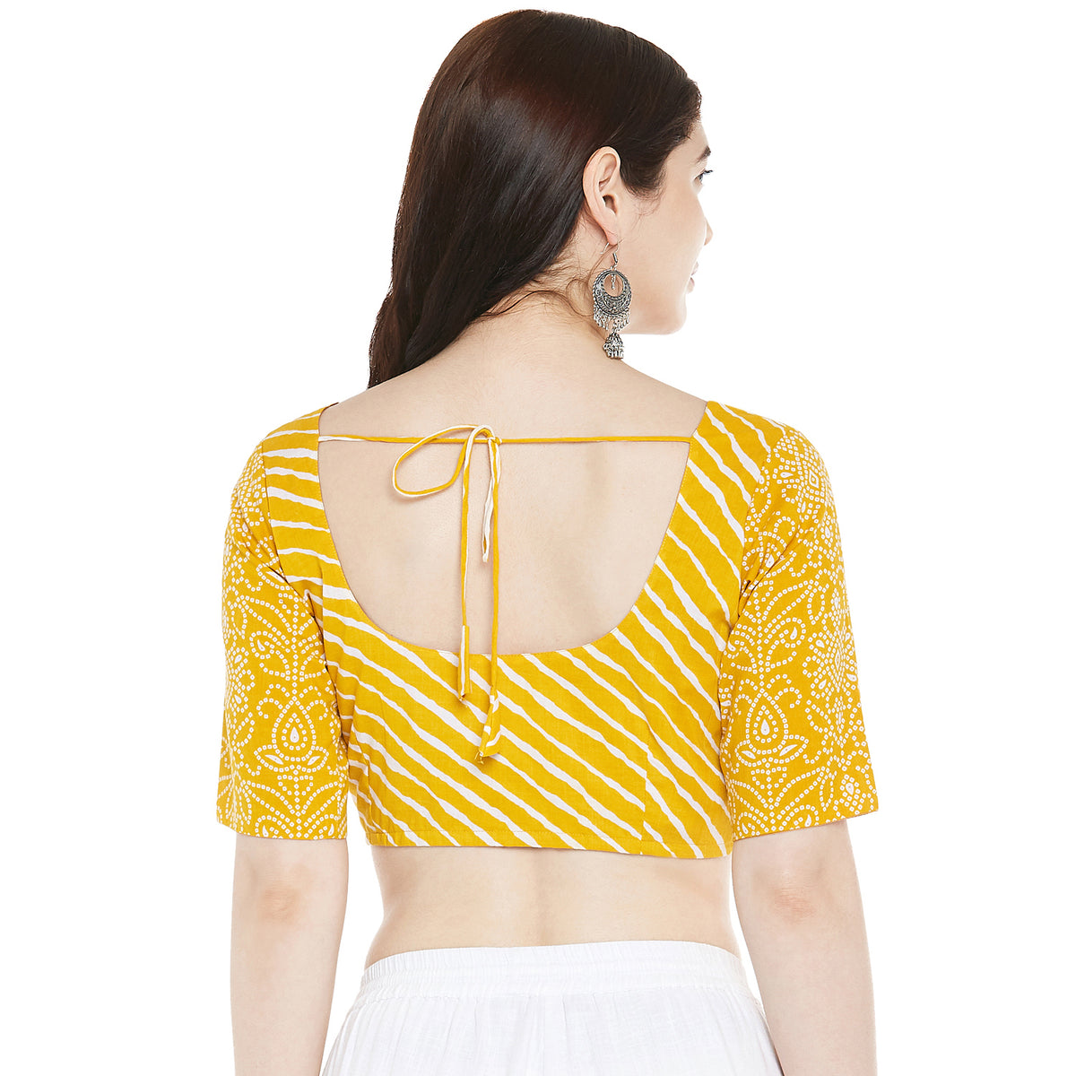 Women's Cotton Leheriya And Bandhani Printed Elbow Length Sleeves Saree Blouse (2361 - Yellow)