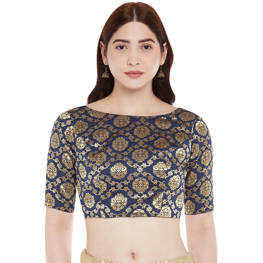 Women's Polyester Elbow Length Sleeves Saree Blouse with Golden Zari Weaving (2363 - Navy Blue)