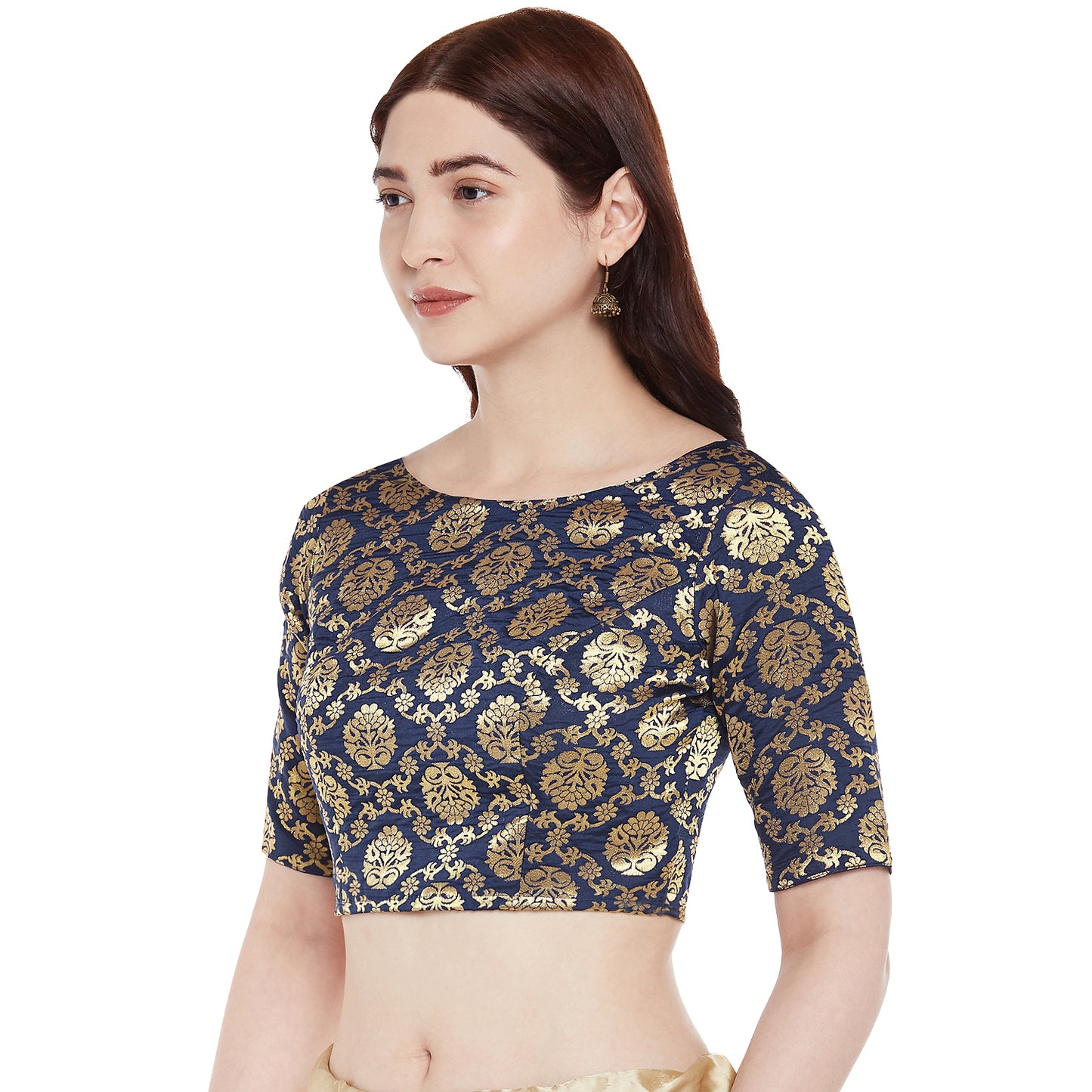 Women's Polyester Elbow Length Sleeves Saree Blouse with Golden Zari Weaving (2363 - Navy Blue)