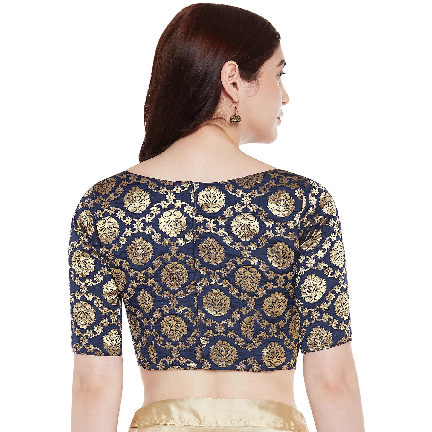 Women's Polyester Elbow Length Sleeves Saree Blouse with Golden Zari Weaving (2363 - Navy Blue)