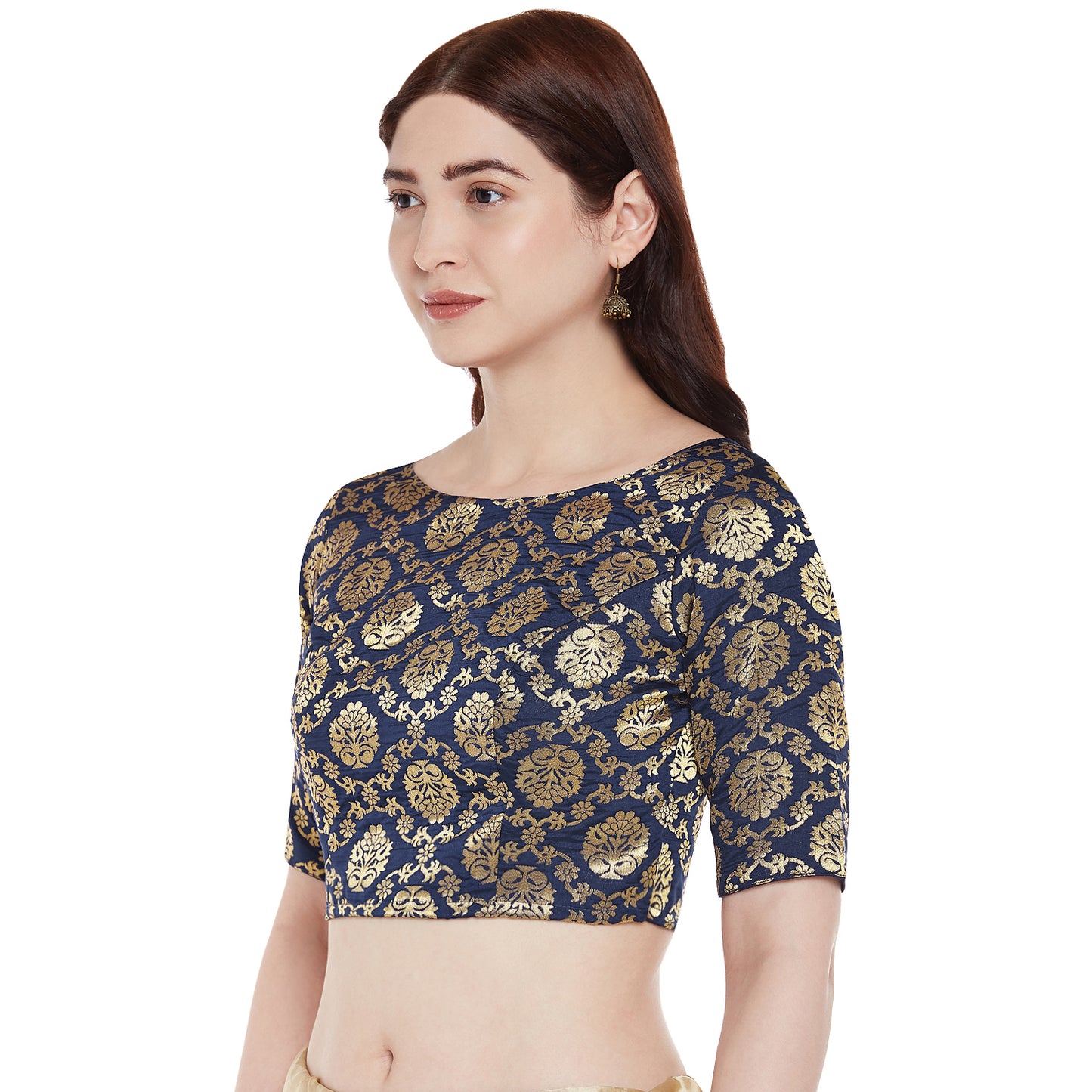 Women's Polyester Elbow Length Sleeves Saree Blouse with Golden Zari Weaving (2363 - Navy Blue)