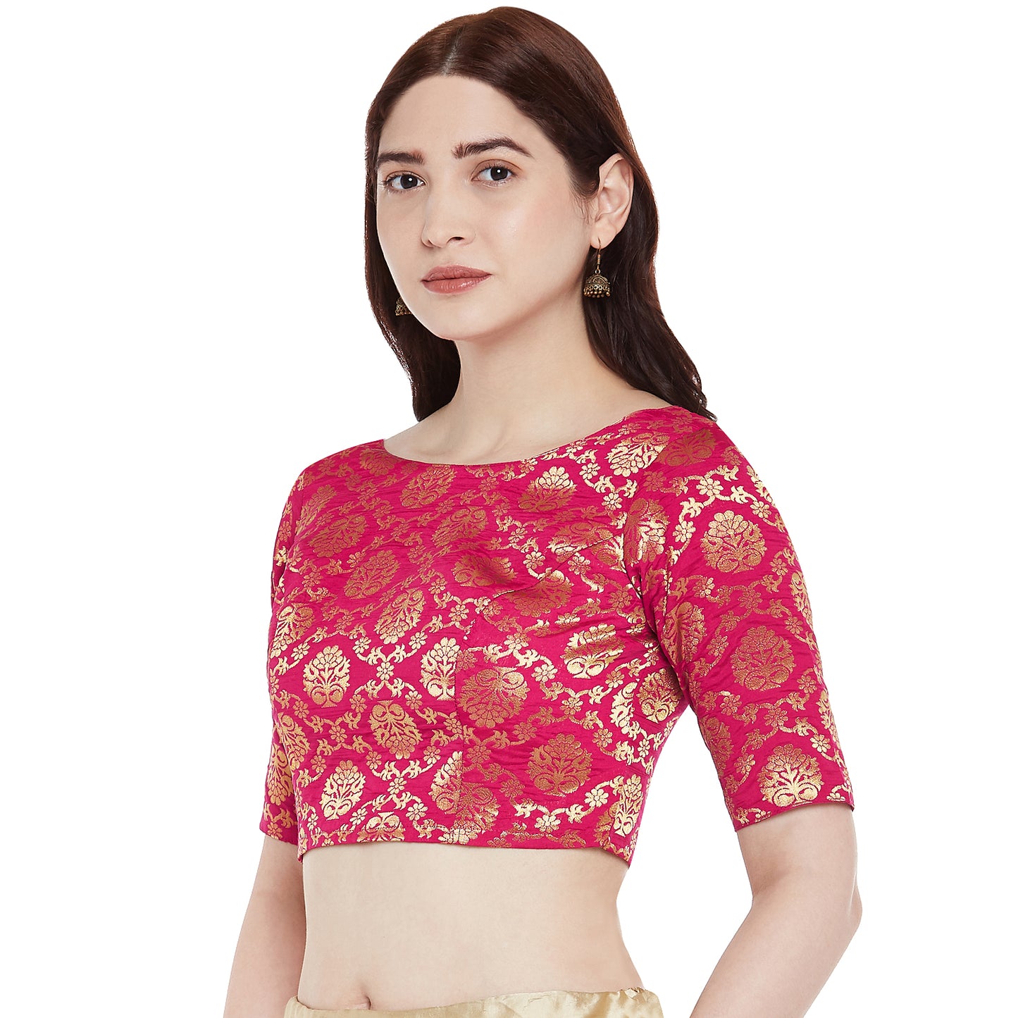 Women's Polyester Elbow Length Sleeves Saree Blouse with Golden Zari Weaving (2363 - Pink)