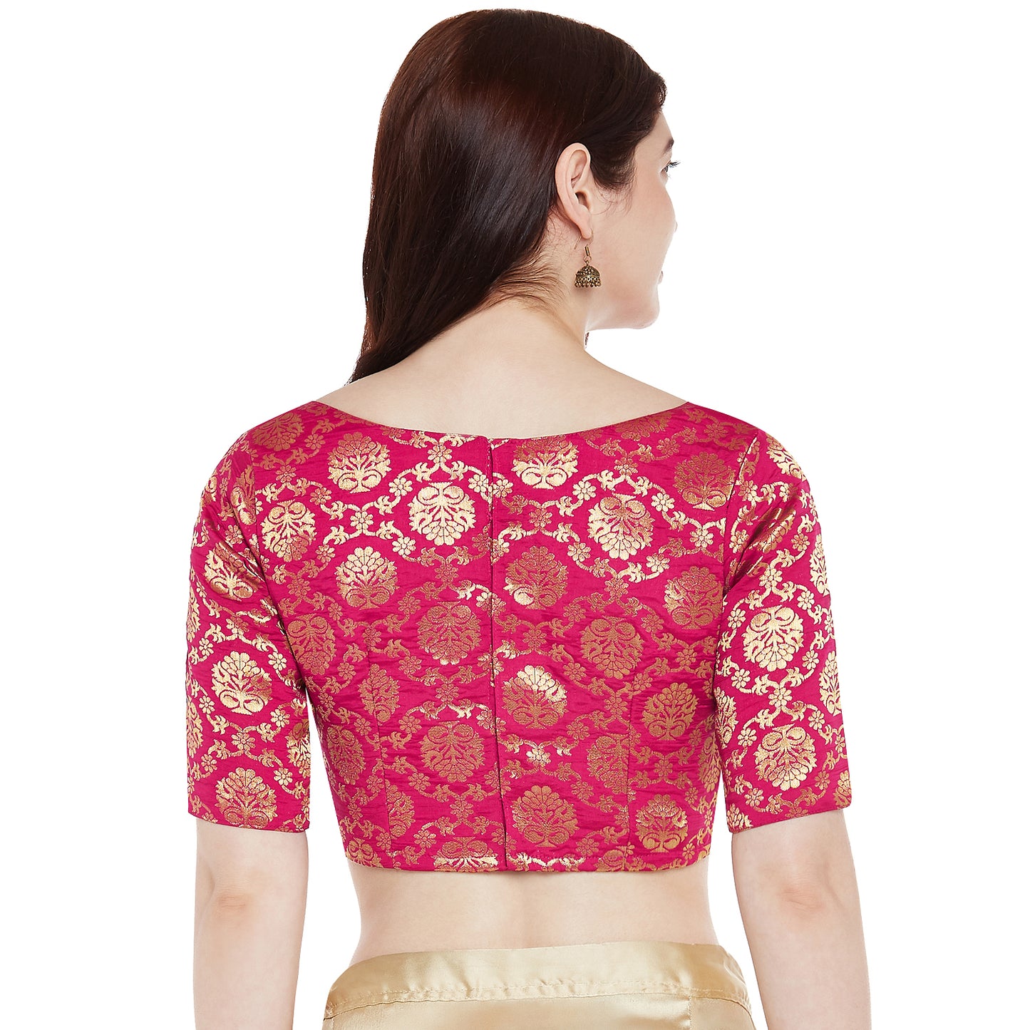 Women's Polyester Elbow Length Sleeves Saree Blouse with Golden Zari Weaving (2363 - Pink)