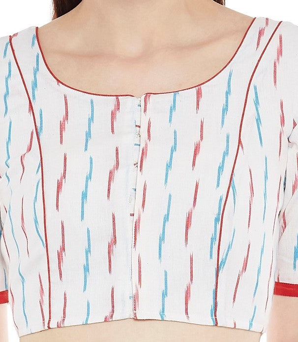 Women's Readymade White and Red Ikkat Cotton Saree Blouse (Design 2366)