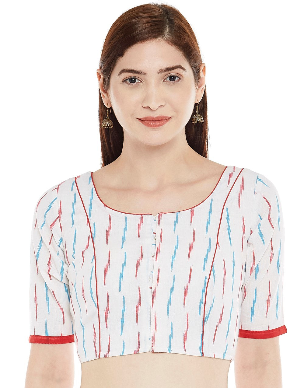 Women's Readymade White and Red Ikkat Cotton Saree Blouse (Design 2366)