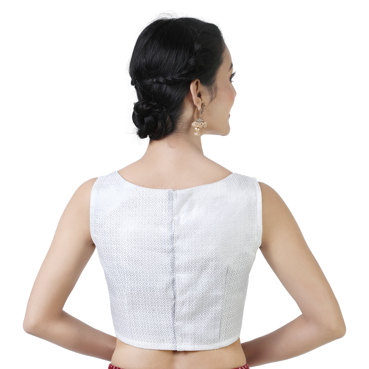 Women's Silver Brocade Sleeveless Saree Blouse (2376 - Silver)
