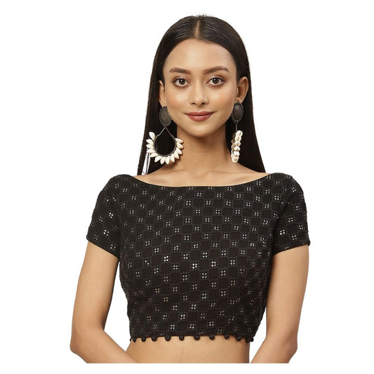 Women's Pure Viscose Georgette Chikankari & Sequin Padded Saree Blouse (2381 - Black)