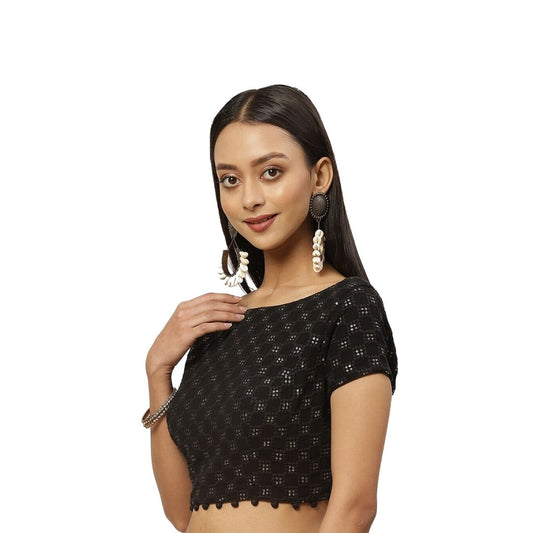 Women's Pure Viscose Georgette Chikankari & Sequin Padded Saree Blouse (2381 - Black)