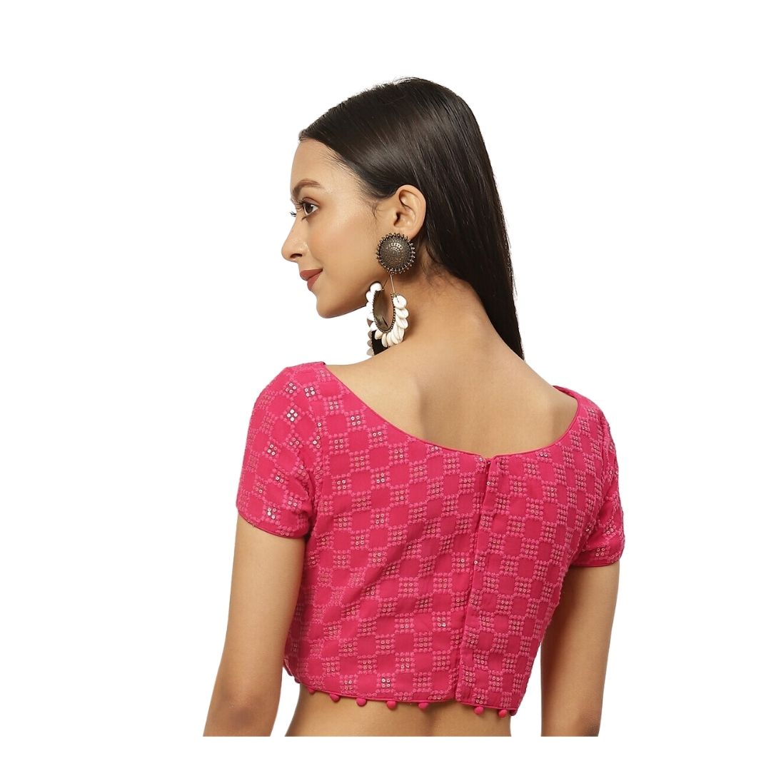 Women's Pure Viscose Georgette Chikankari & Sequin Padded Saree Blouse (2381 - Pink)