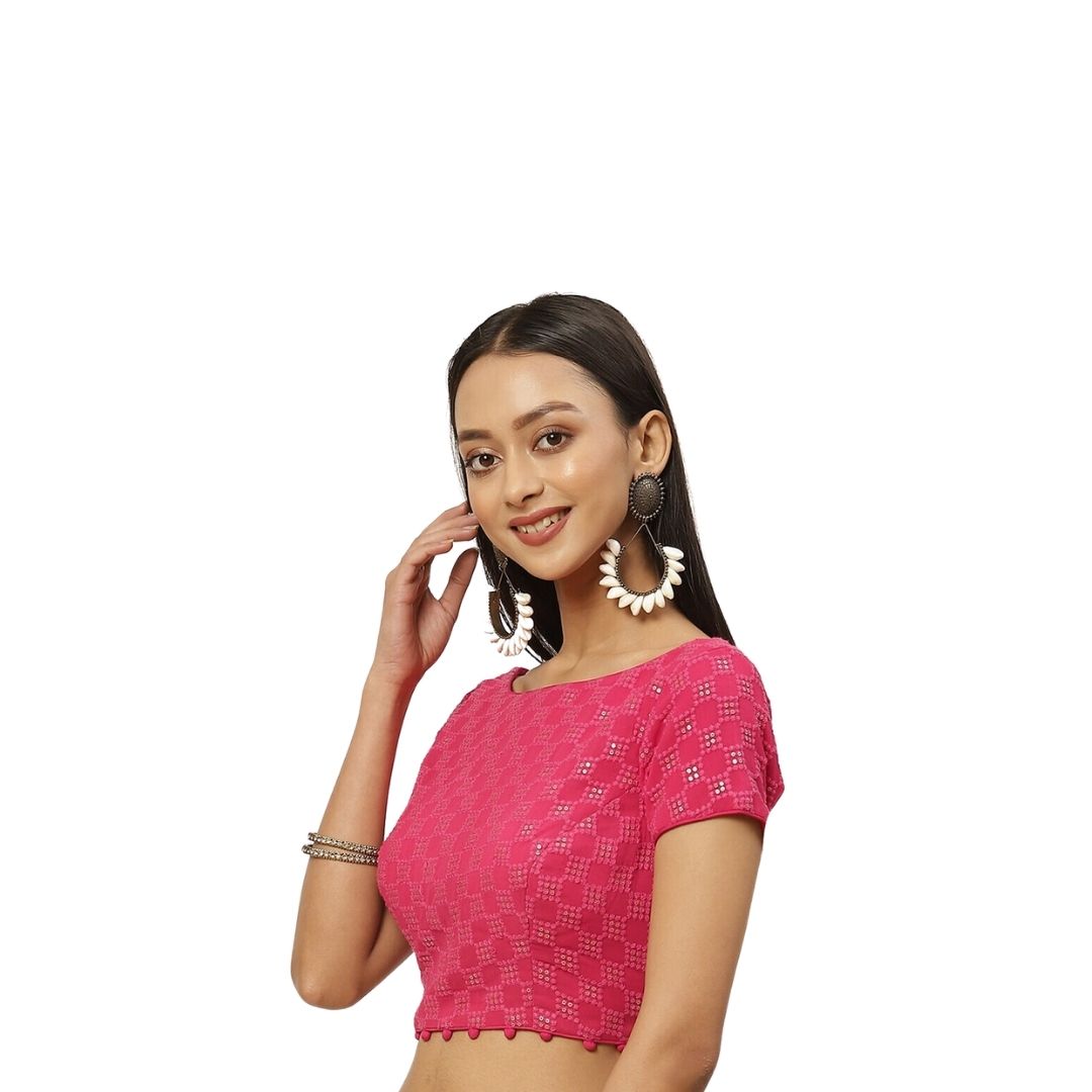 Women's Pure Viscose Georgette Chikankari & Sequin Padded Saree Blouse (2381 - Pink)