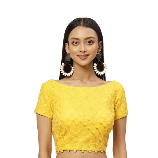 Women's Pure Viscose Georgette Chikankari & Sequin Padded Saree Blouse (2381 - Yellow)