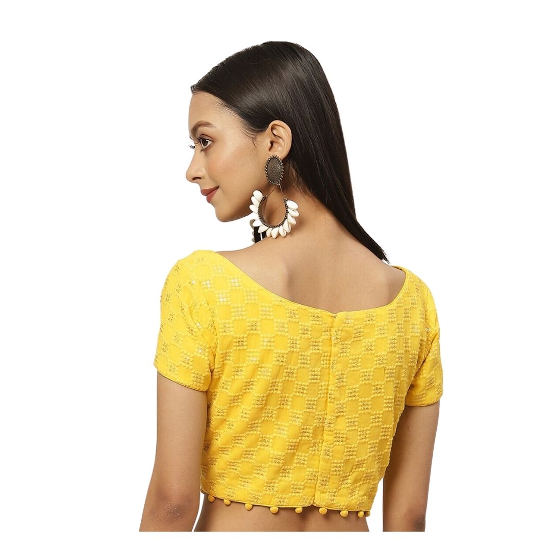 Women's Pure Viscose Georgette Chikankari & Sequin Padded Saree Blouse (2381 - Yellow)