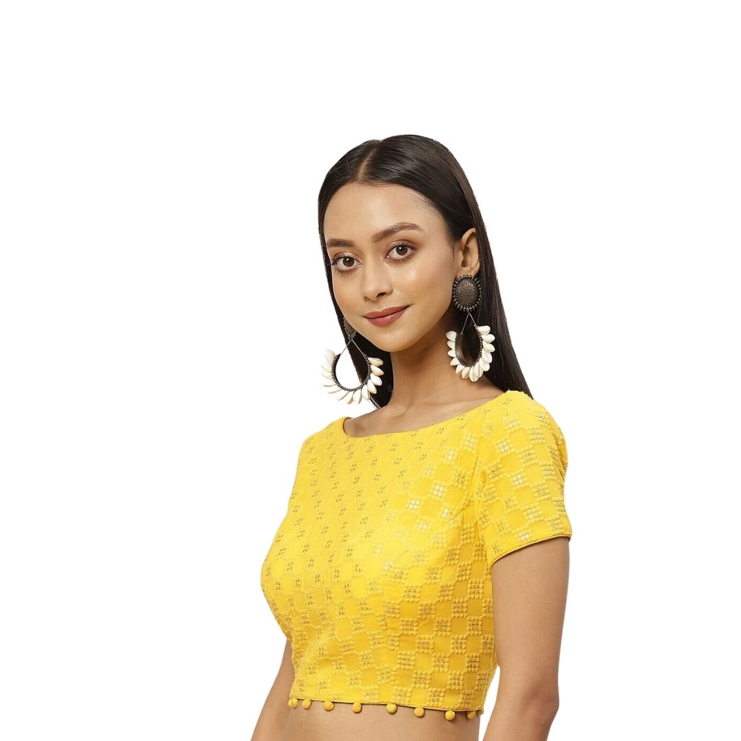 Women's Pure Viscose Georgette Chikankari & Sequin Padded Saree Blouse (2381 - Yellow)