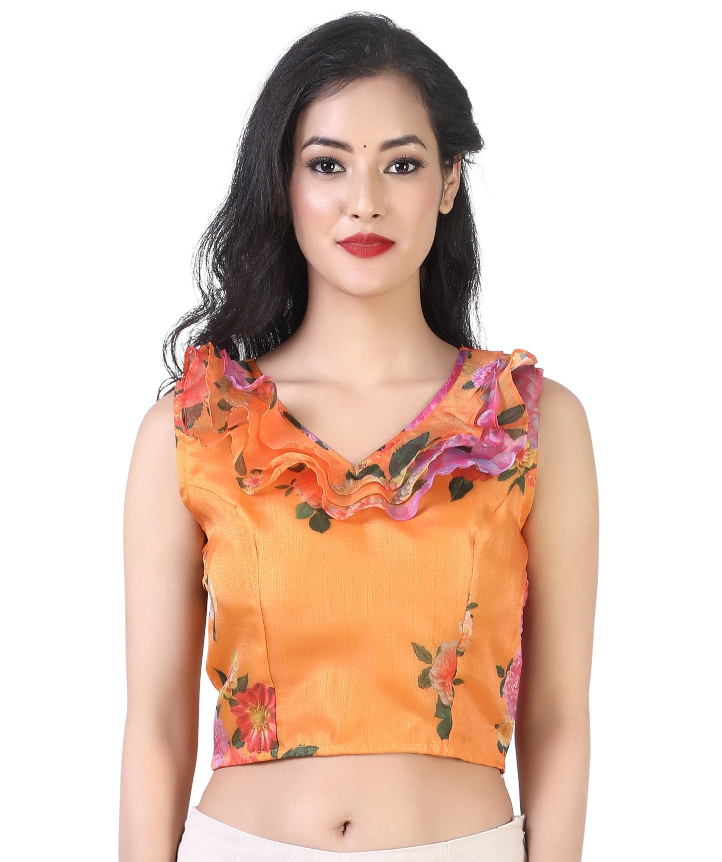 Women's Orange Organza Printed Cotton Blouse (Design 2389)