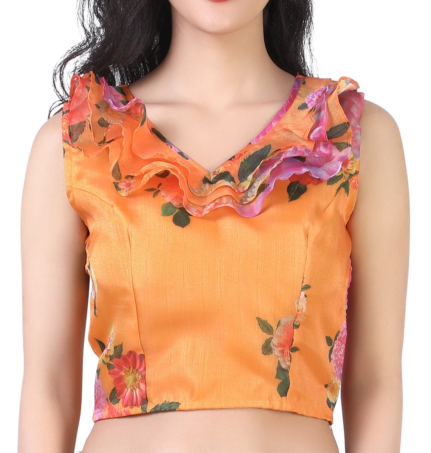 Women's Orange Organza Printed Cotton Blouse (Design 2389)